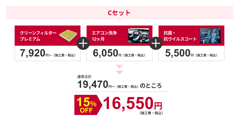 Cセット　クリーンフィルタープレミアム7,535円から（施工費・税込）　プラス　エアコン洗浄12ヶ月6,050円（施工費・税込）　プラス　抗菌・抗ウイルスコート5,500円（施工費・税込）が、通常合計19,085円（施工費・税込）のところ、15%OFFの16,223円（施工費・税込）