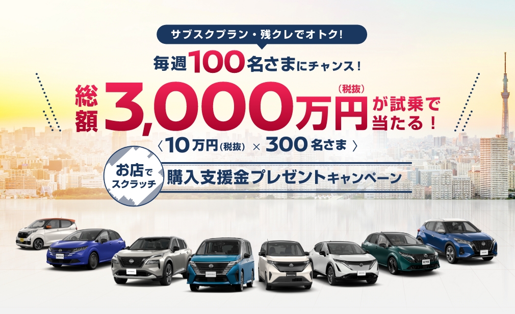 総額3,000万円が試乗で当たる！購入支援金プレゼントキャンペーン