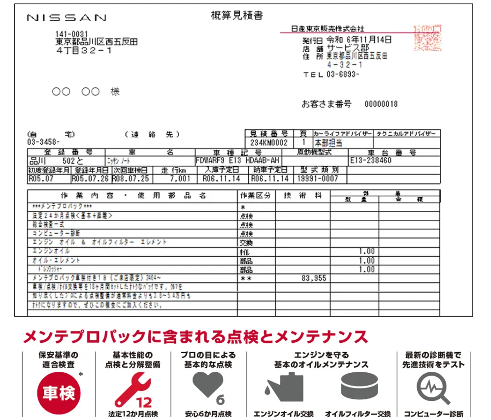 日産の整備見積書に、下部で『メンテプロパック』のサービス内容を説明するアイコン付き表示。車検、12ヶ月点検、6ヶ月点検、エンジンオイル交換、オイルフィルター交換、コンピューター診断の6つのサービスを示すアイコンが並んでいる。