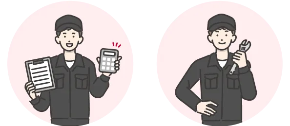 自動車整備士のイラスト。左側は診断機器とクリップボードを持つ整備士、右側は赤い車の前で合図をする整備士を表した2枚組のシンプルな線画